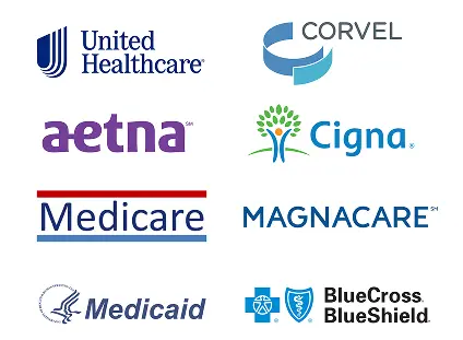 Logos of insurance companies accepted at Oasis Family Health: United Healthcare, Corvel, Aetna, Cigna, Medicare, Magnacare, Medicaid and BlueCross BlueShield